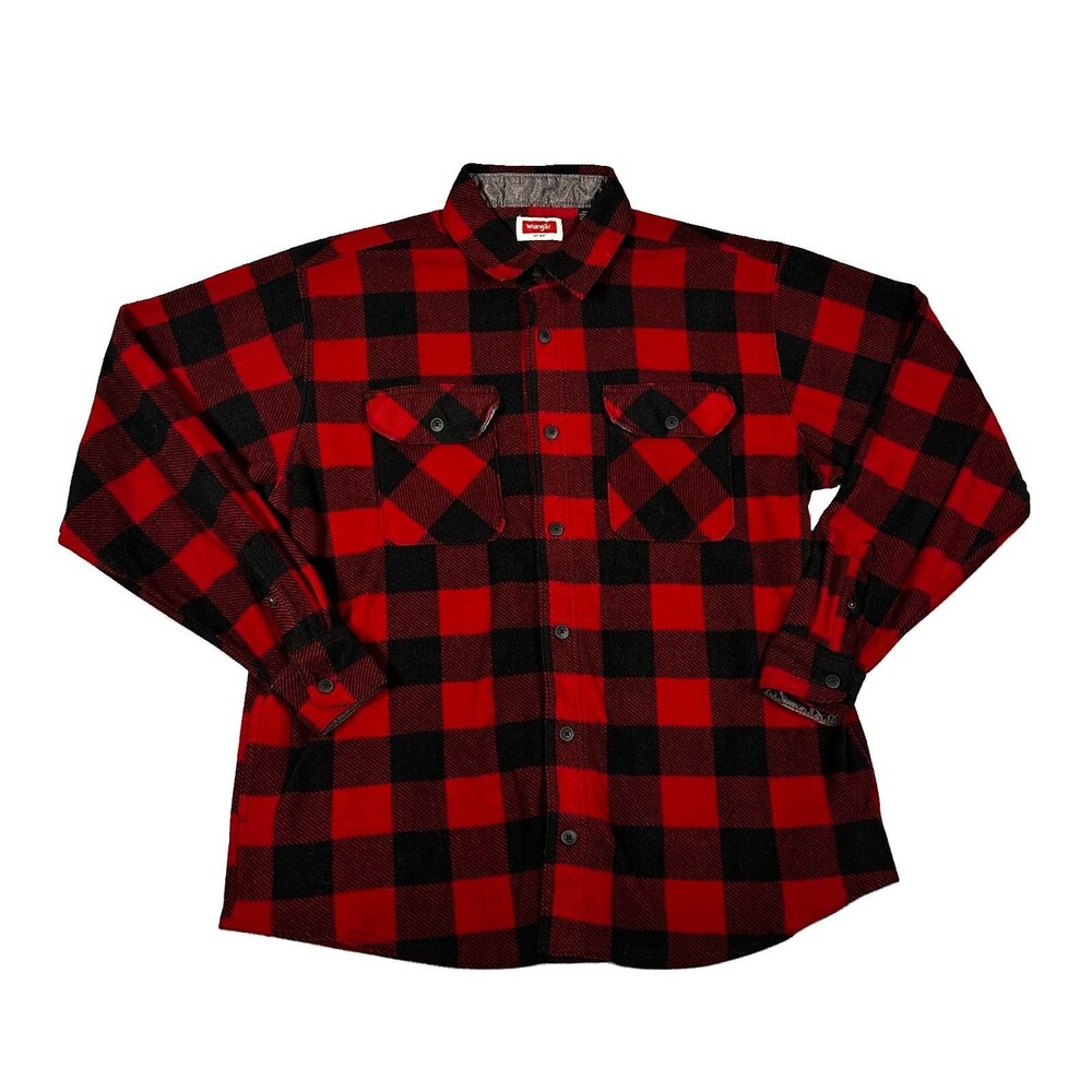 Wrangler Flannel Shirt Mens Large Red Black Buffalo Plaid Fleece Poly Heavy